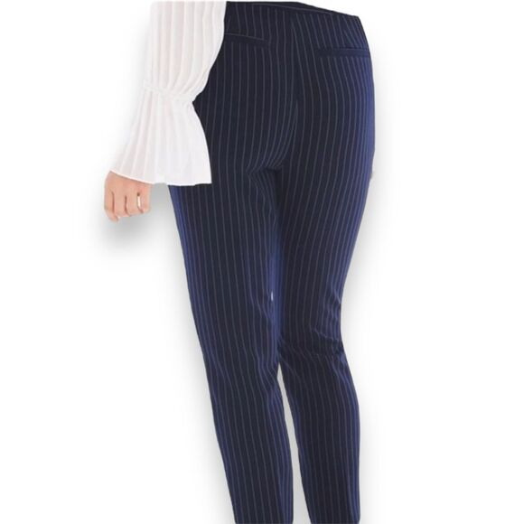 Mid Rise Navy Blue Pinstripe Tapered Trouser Pants - Picture 3 of 4